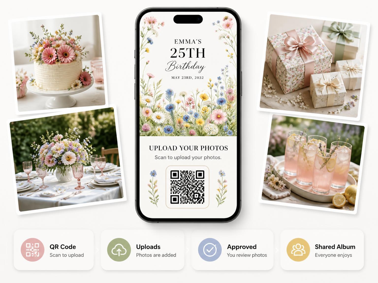 The shared photo gallery that comes with the Wildflower Meadow Bloom 25th Birthday Invitation invitation