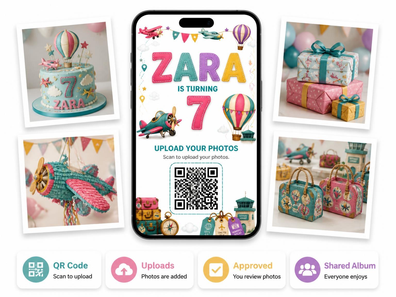 The shared photo gallery that comes with the Stitched Up and Away 7th Birthday Invitation invitation