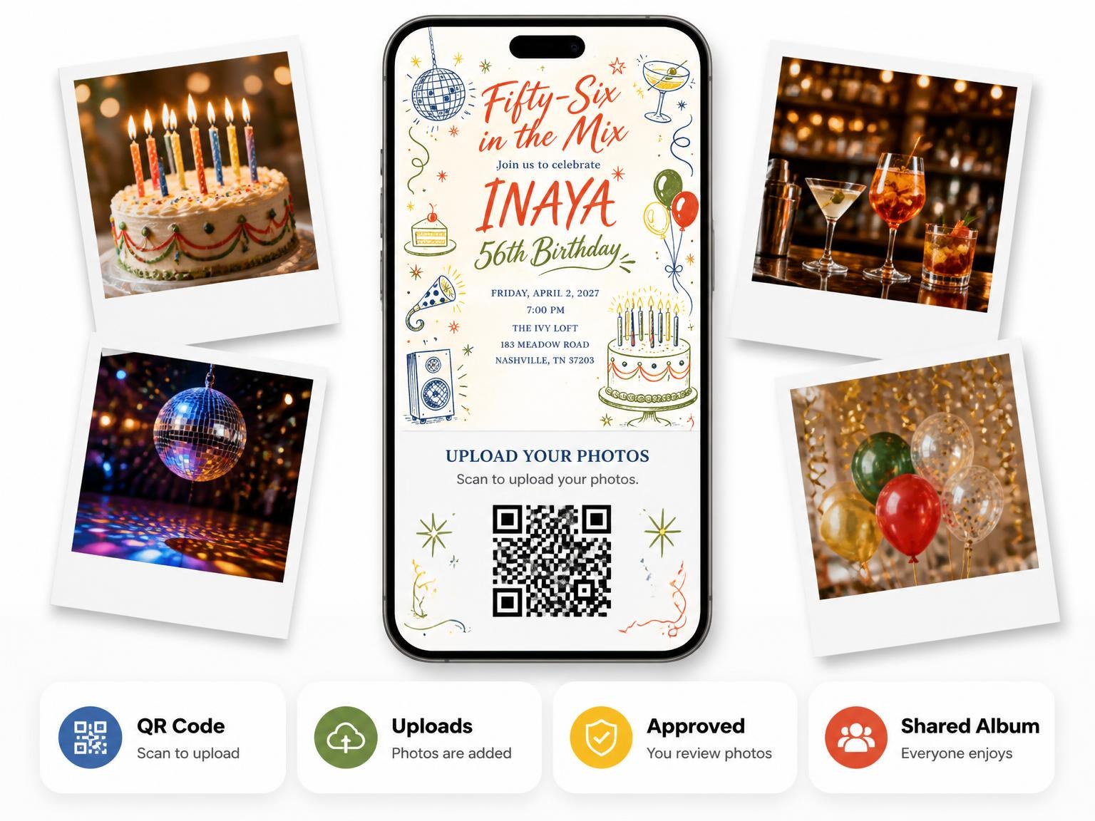 The shared photo gallery that comes with the Retro Doodle 56th Birthday Invitation invitation