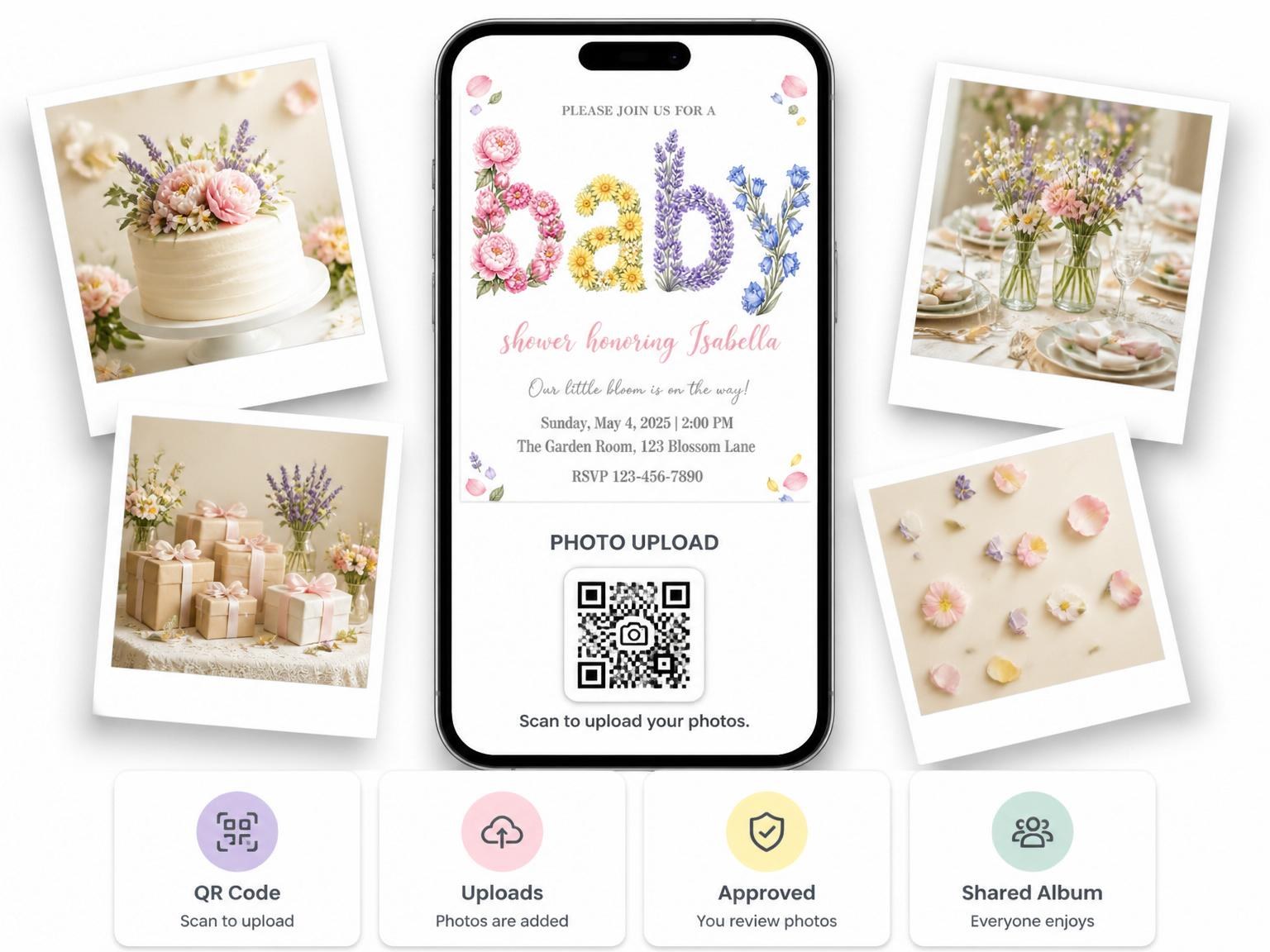 The shared photo gallery that comes with the Watercolor Floral Lettering Baby Shower invitation
