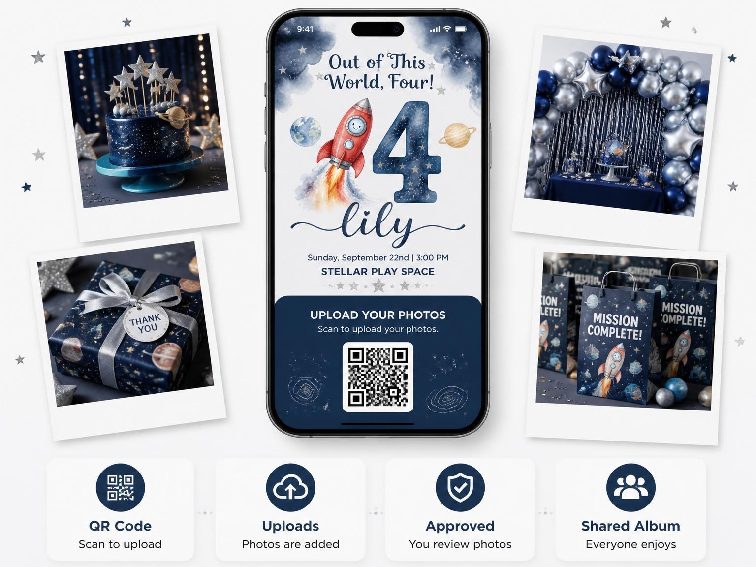 The shared photo gallery that comes with the Watercolor Rocket Space 4th Birthday invitation