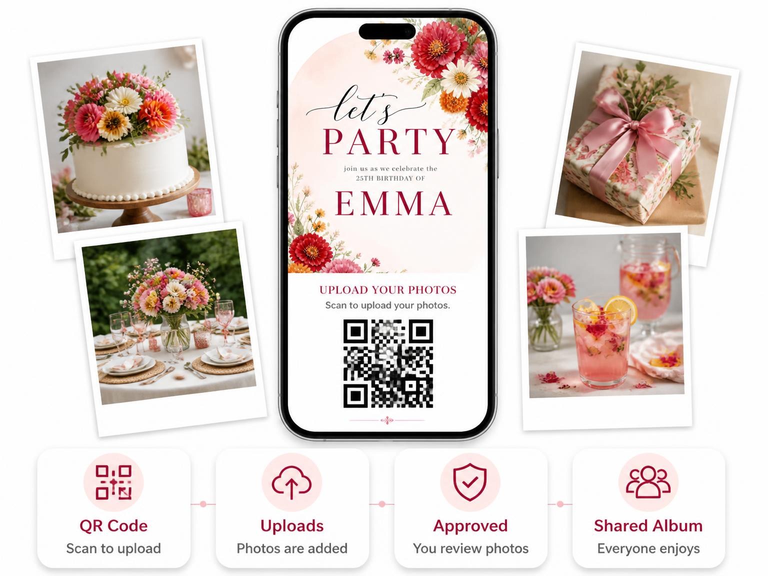 The shared photo gallery that comes with the Vibrant Floral Scarlet 25th Birthday Invitation invitation