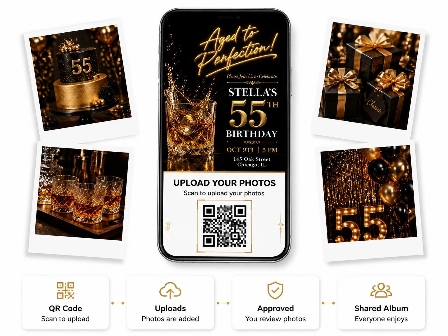 The shared photo gallery that comes with the Whiskey Glass 55th Birthday Invitation invitation
