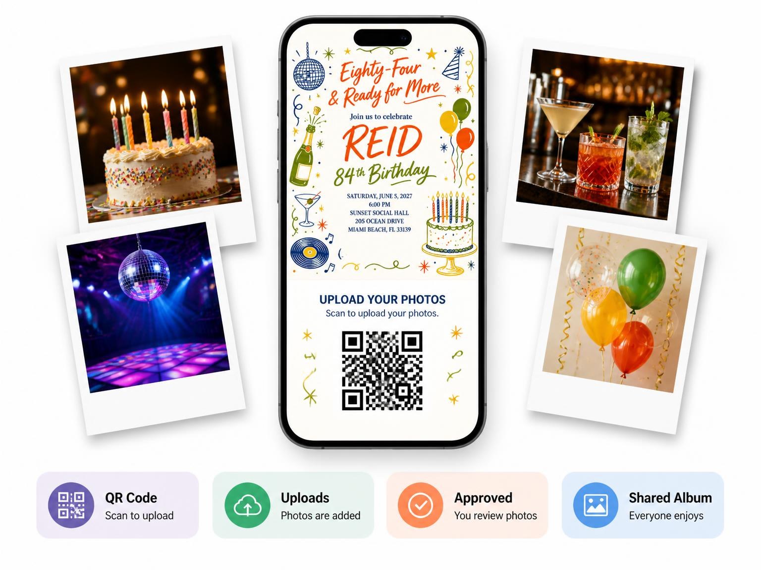The shared photo gallery that comes with the Retro Doodle 84th Birthday Invitation invitation