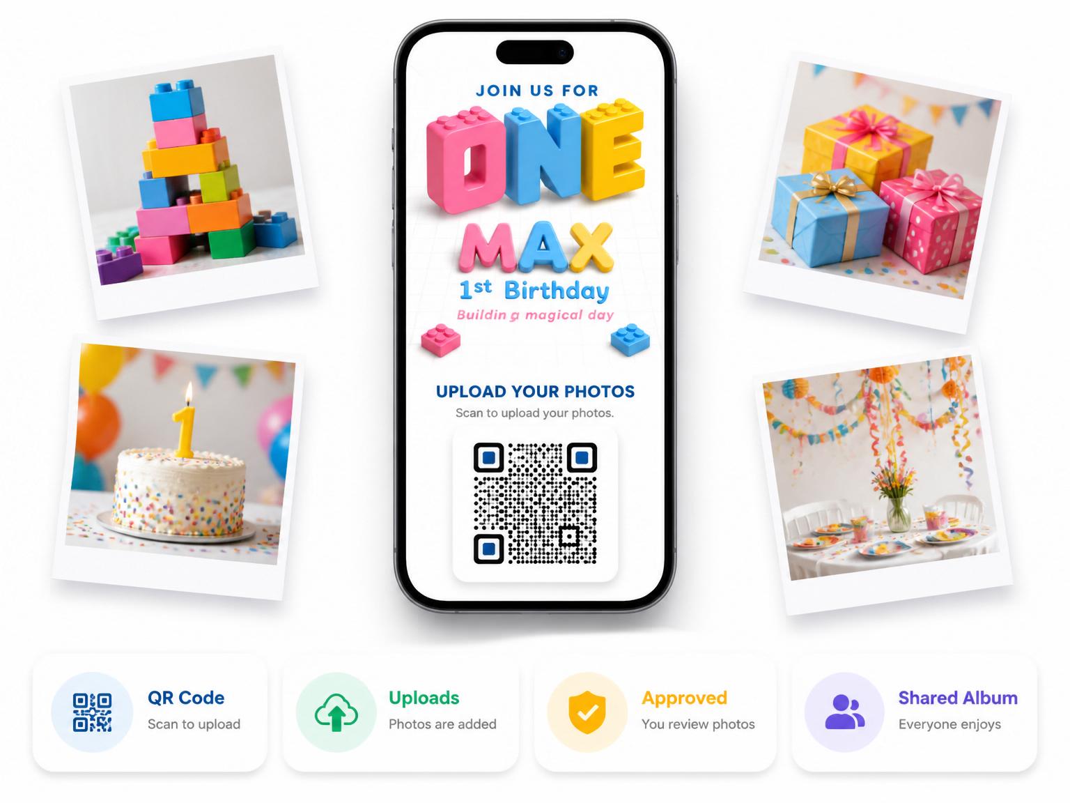 The shared photo gallery that comes with the Colorful Building Blocks 1st Birthday invitation