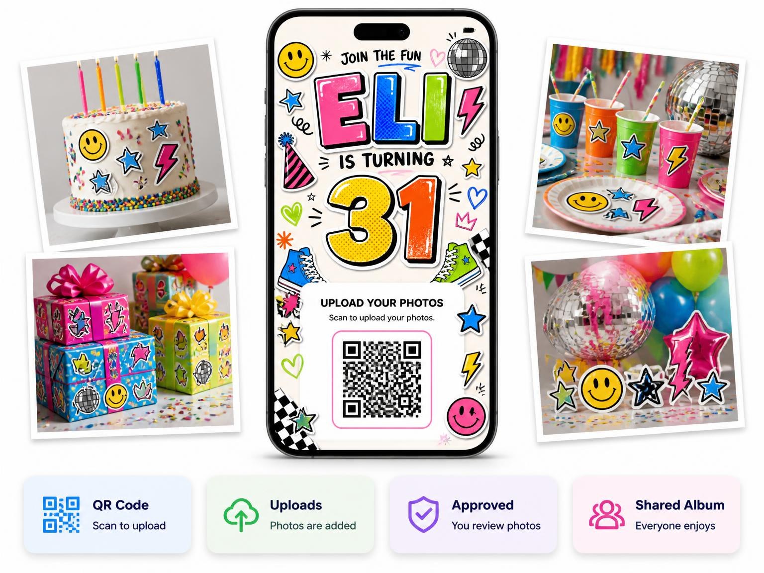 The shared photo gallery that comes with the Sticker Pop 31st Birthday Invitation invitation