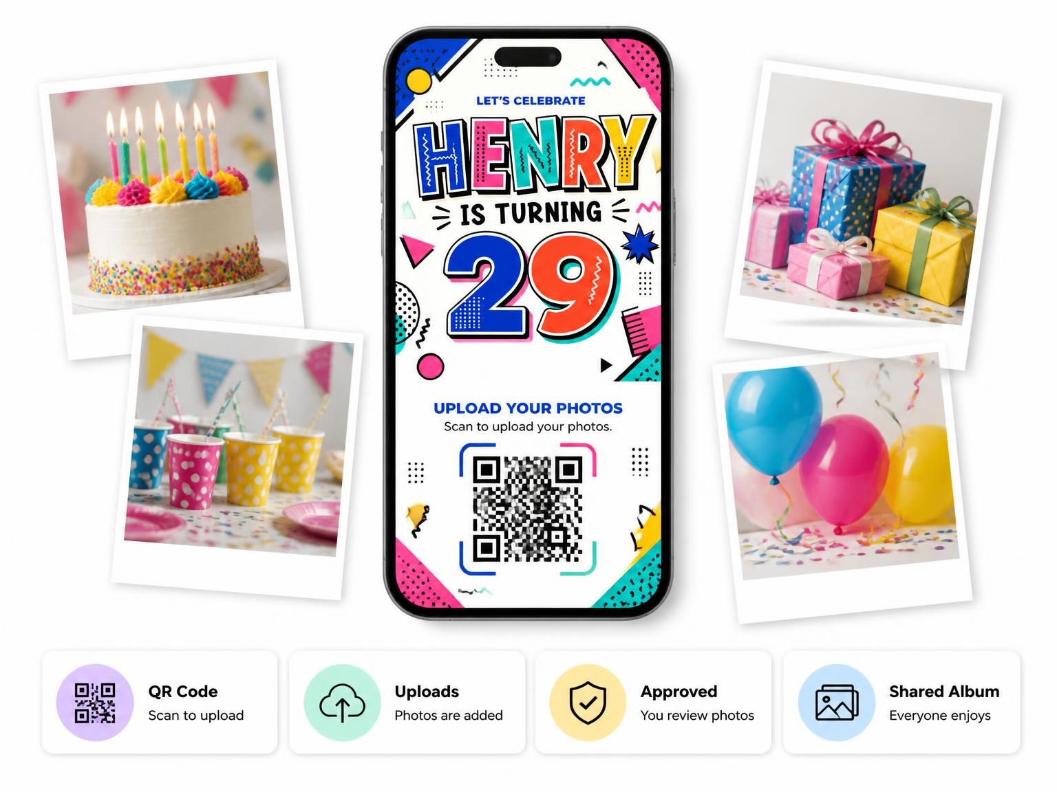 The shared photo gallery that comes with the Memphis Pop 29th Birthday Invitation invitation