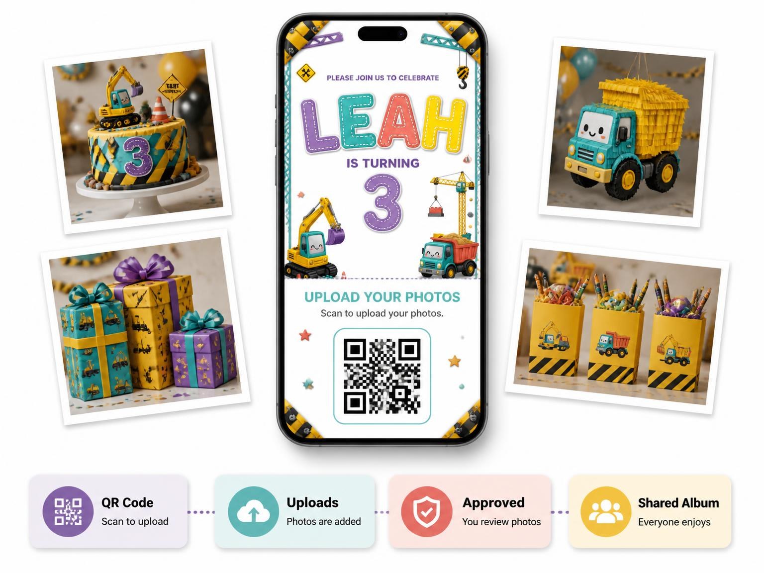 The shared photo gallery that comes with the Stitched Construction 3rd Birthday Invitation invitation