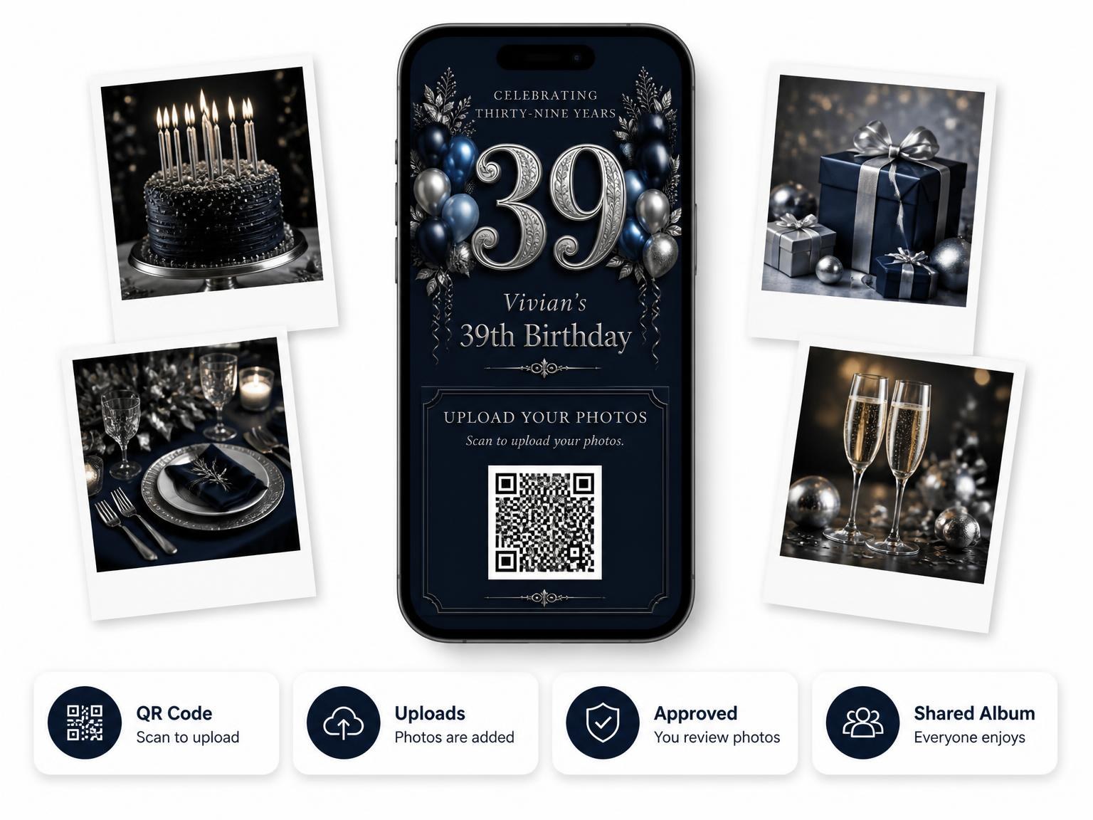 The shared photo gallery that comes with the Navy and Silver 39th Birthday Invitation invitation