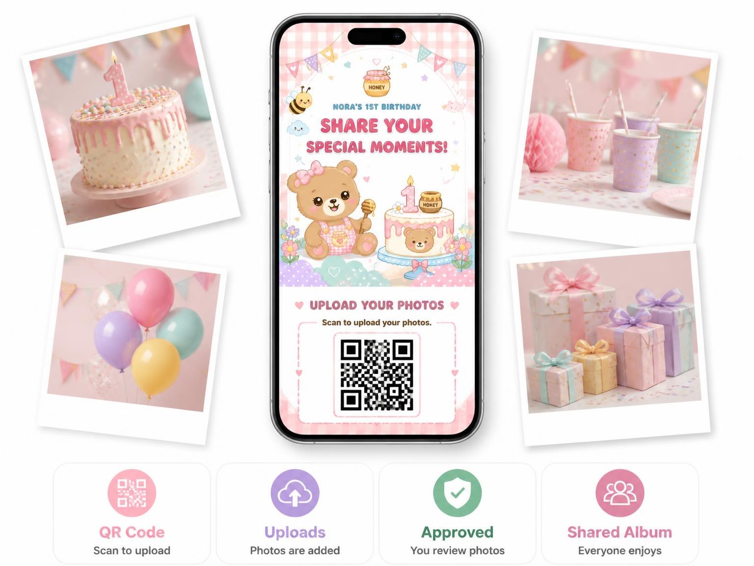 The shared photo gallery that comes with the Kawaii Honey Bear 1st Birthday Invitation invitation