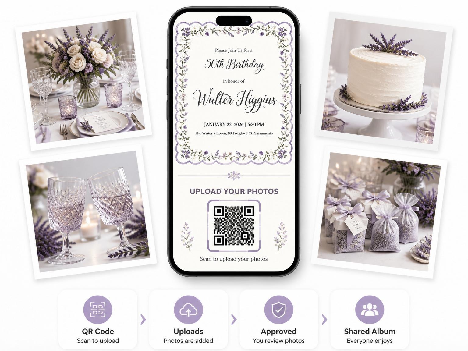 The shared photo gallery that comes with the Watercolor Lavender Scalloped 50th Birthday Invitation invitation