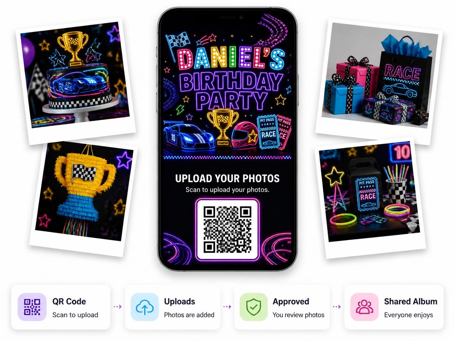 The shared photo gallery that comes with the Neon Race Cars 10th Birthday Invitation invitation