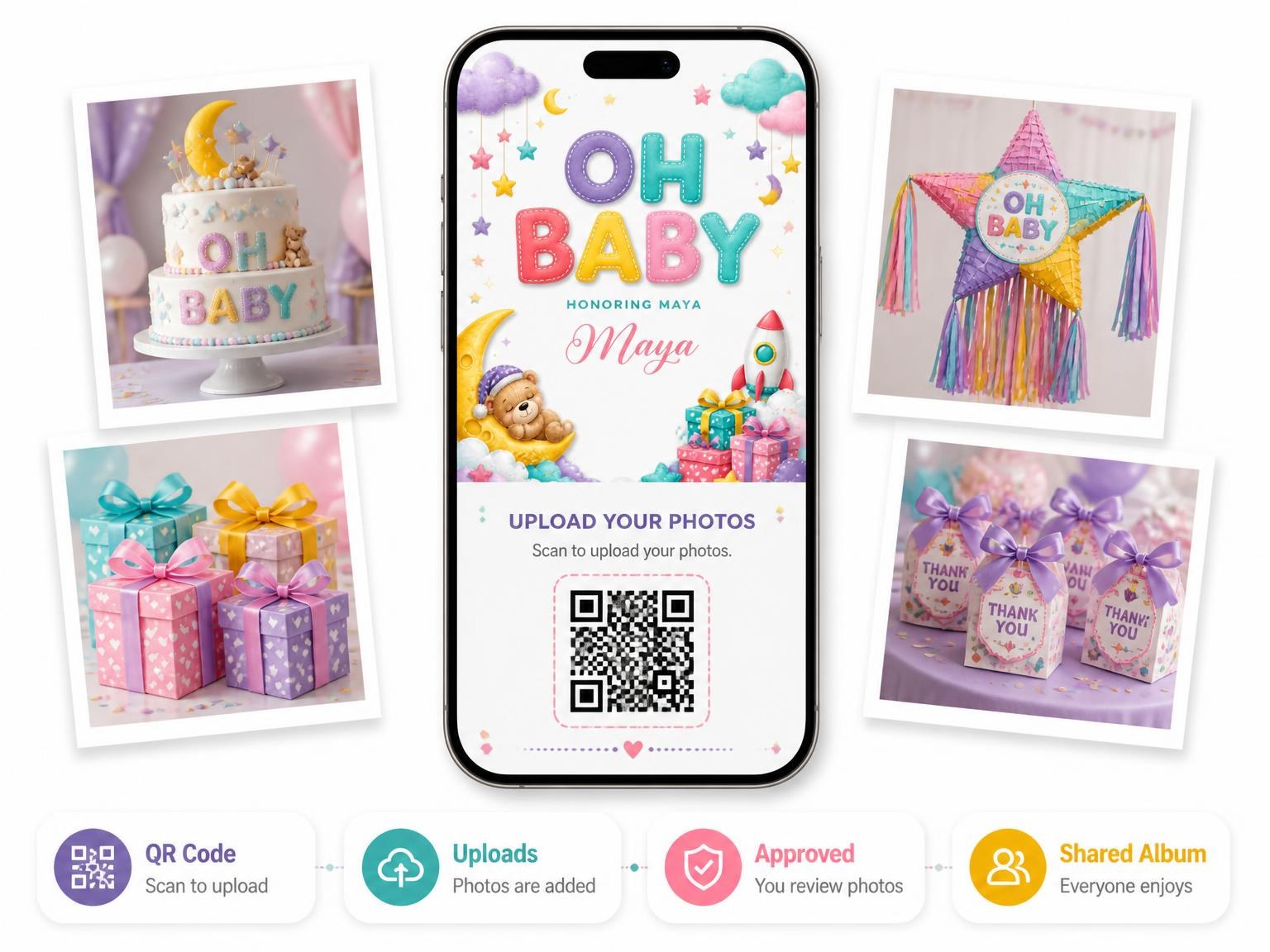 The shared photo gallery that comes with the Clouds Baby Shower Invitation invitation