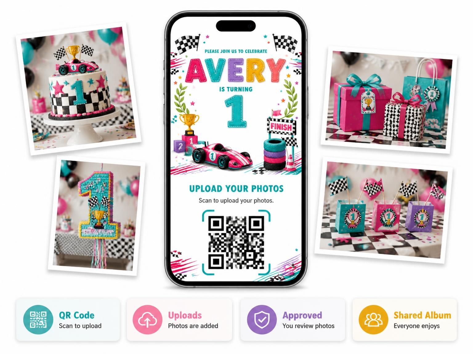 The shared photo gallery that comes with the Pink Race Car 1st Birthday Invitation invitation