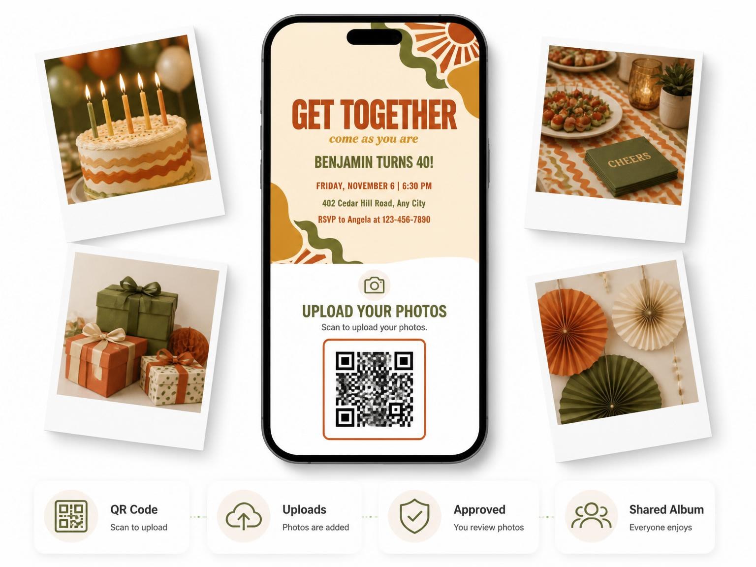 The shared photo gallery that comes with the Retro 70s Sunburst 40th Birthday invitation