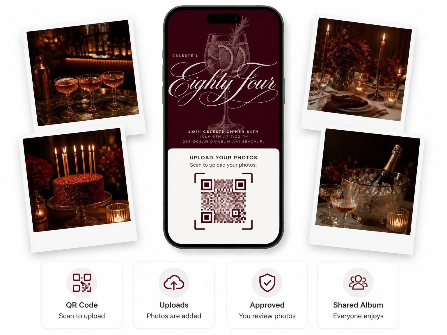 The shared photo gallery that comes with the Burgundy Cocktail 84th Birthday Invitation invitation