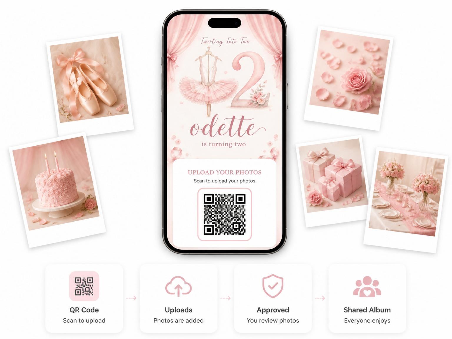 The shared photo gallery that comes with the Blush Watercolor Ballerina 2nd Birthday invitation