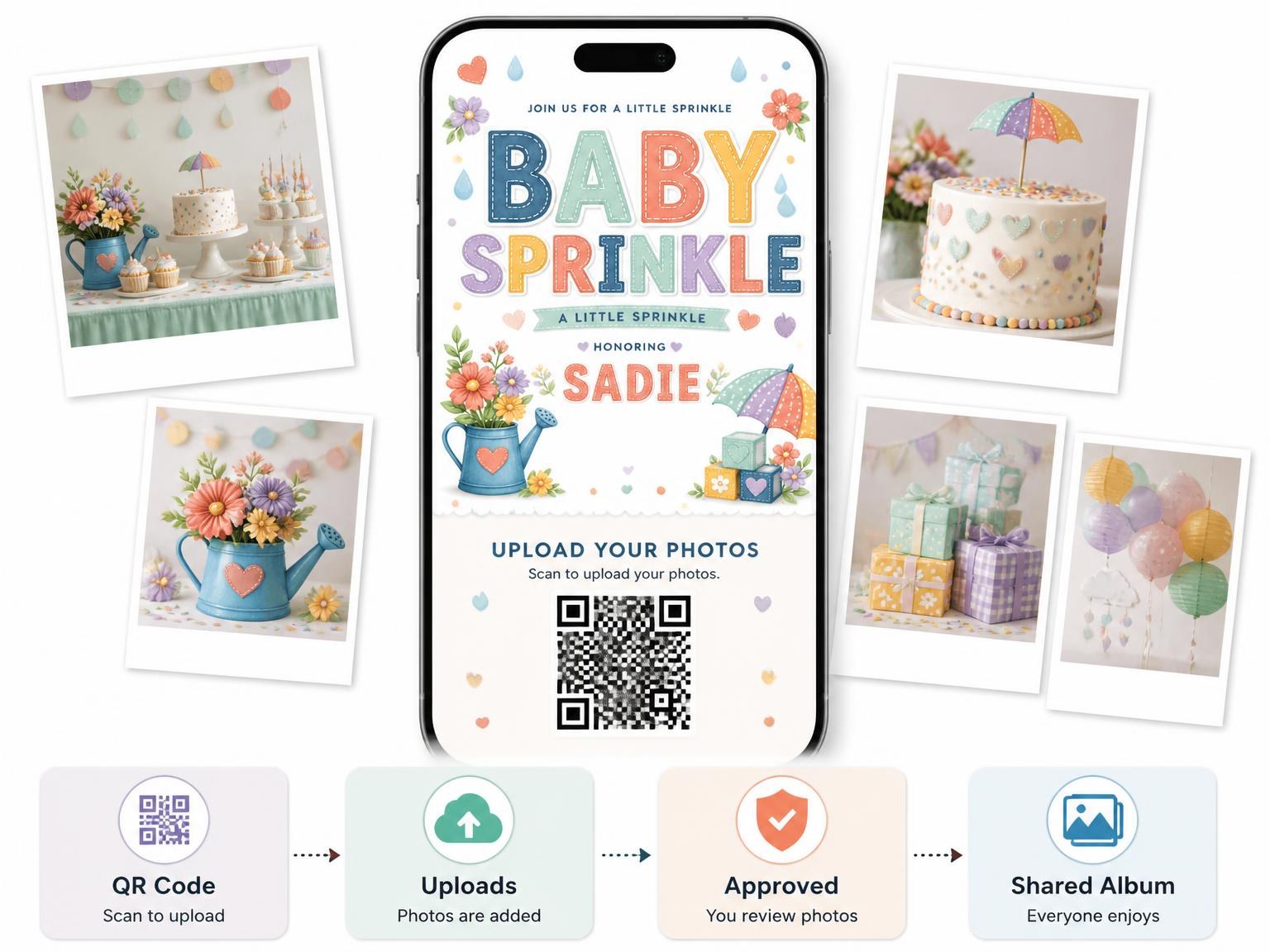 The shared photo gallery that comes with the Floral Bouquet Baby Sprinkle Invitation invitation