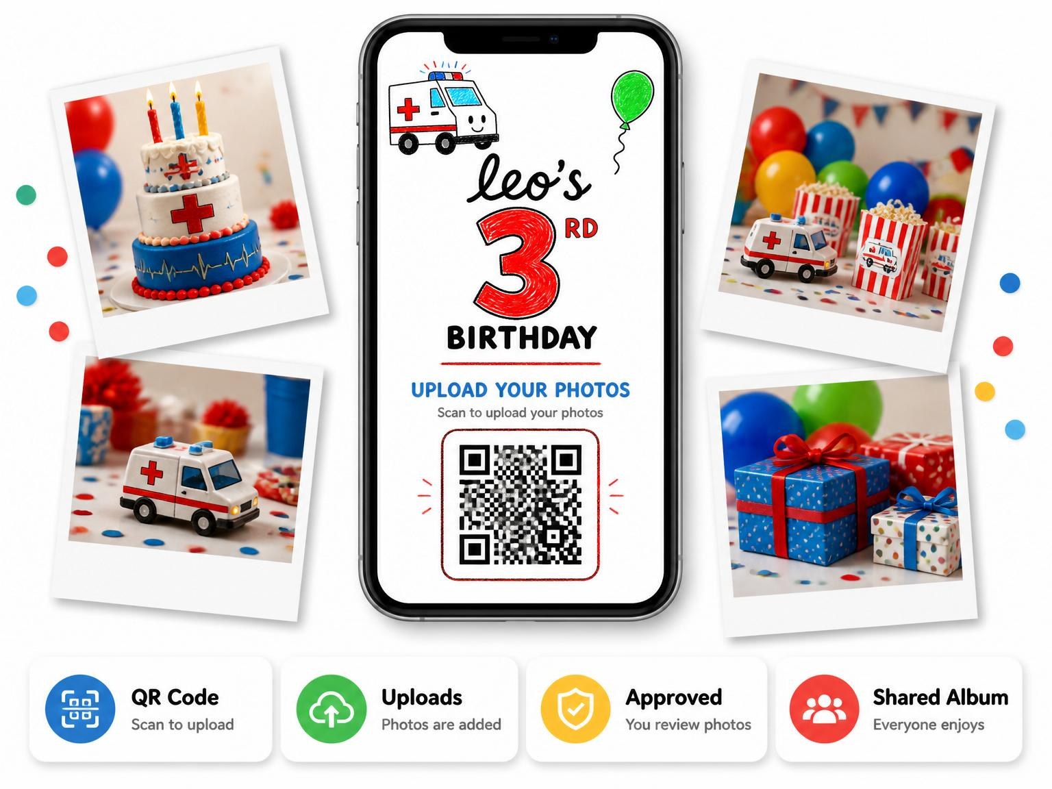 The shared photo gallery that comes with the Crayon Ambulance 3rd Birthday Invitation invitation