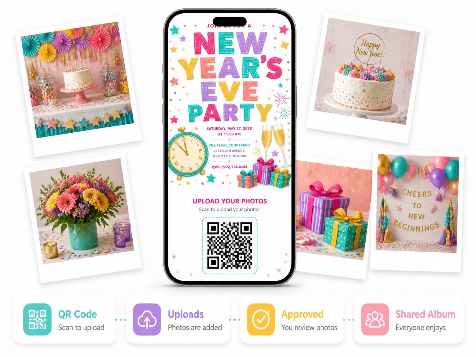 The shared photo gallery that comes with the Countdown Clock New Year's Eve Party Invitation invitation