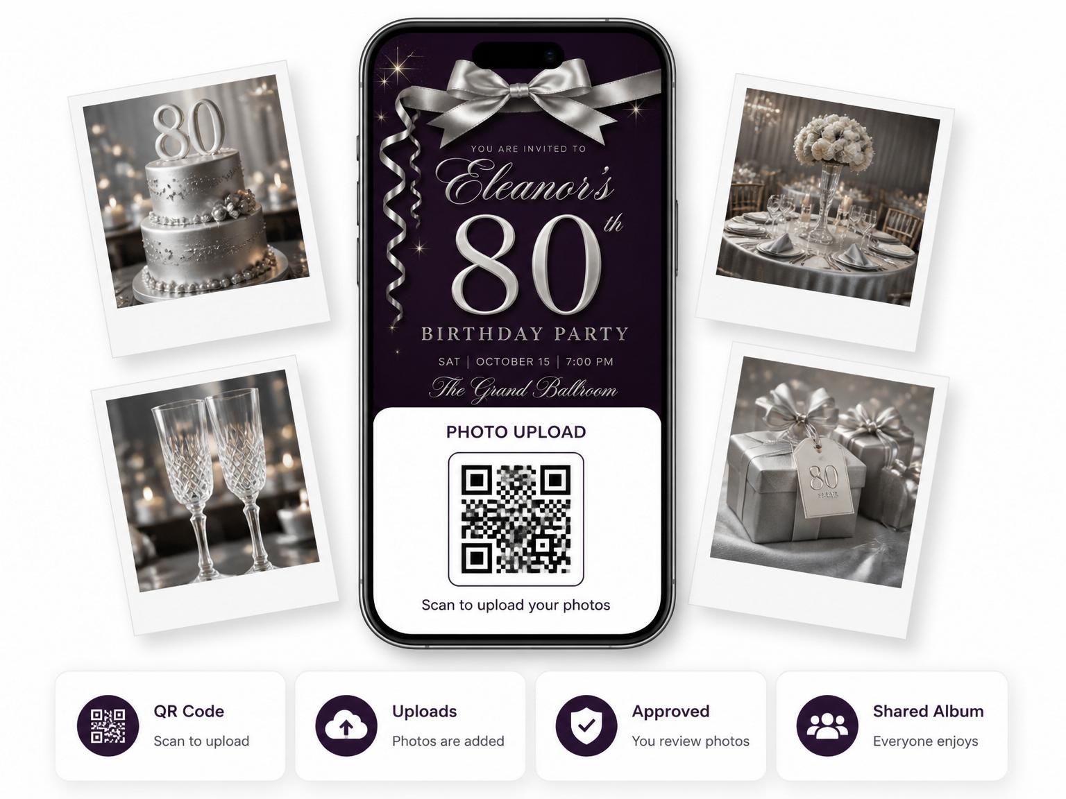 The shared photo gallery that comes with the Dark Purple Silver Ribbon 80th Birthday invitation