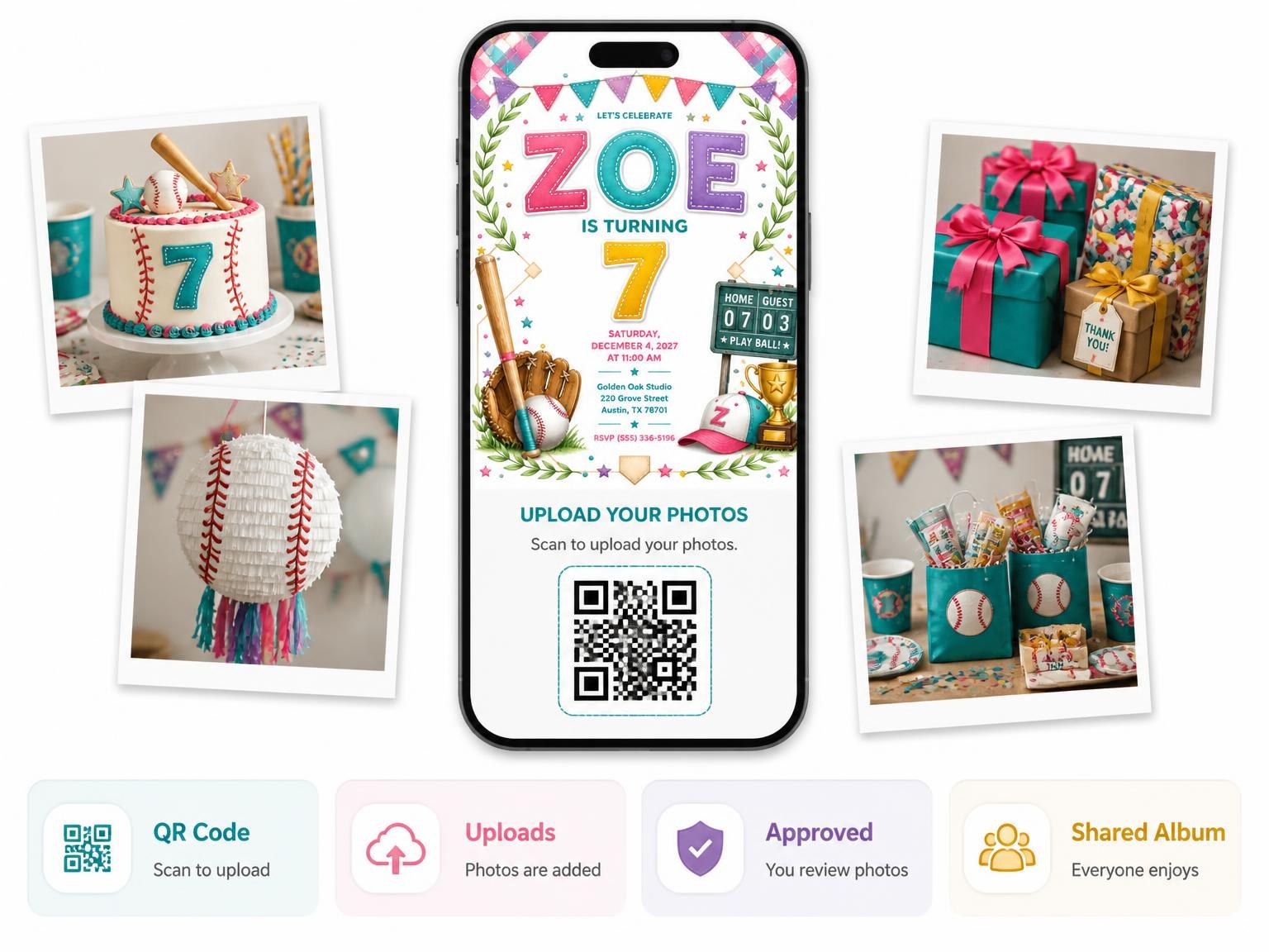 The shared photo gallery that comes with the Stitched Baseball 7th Birthday Invitation invitation