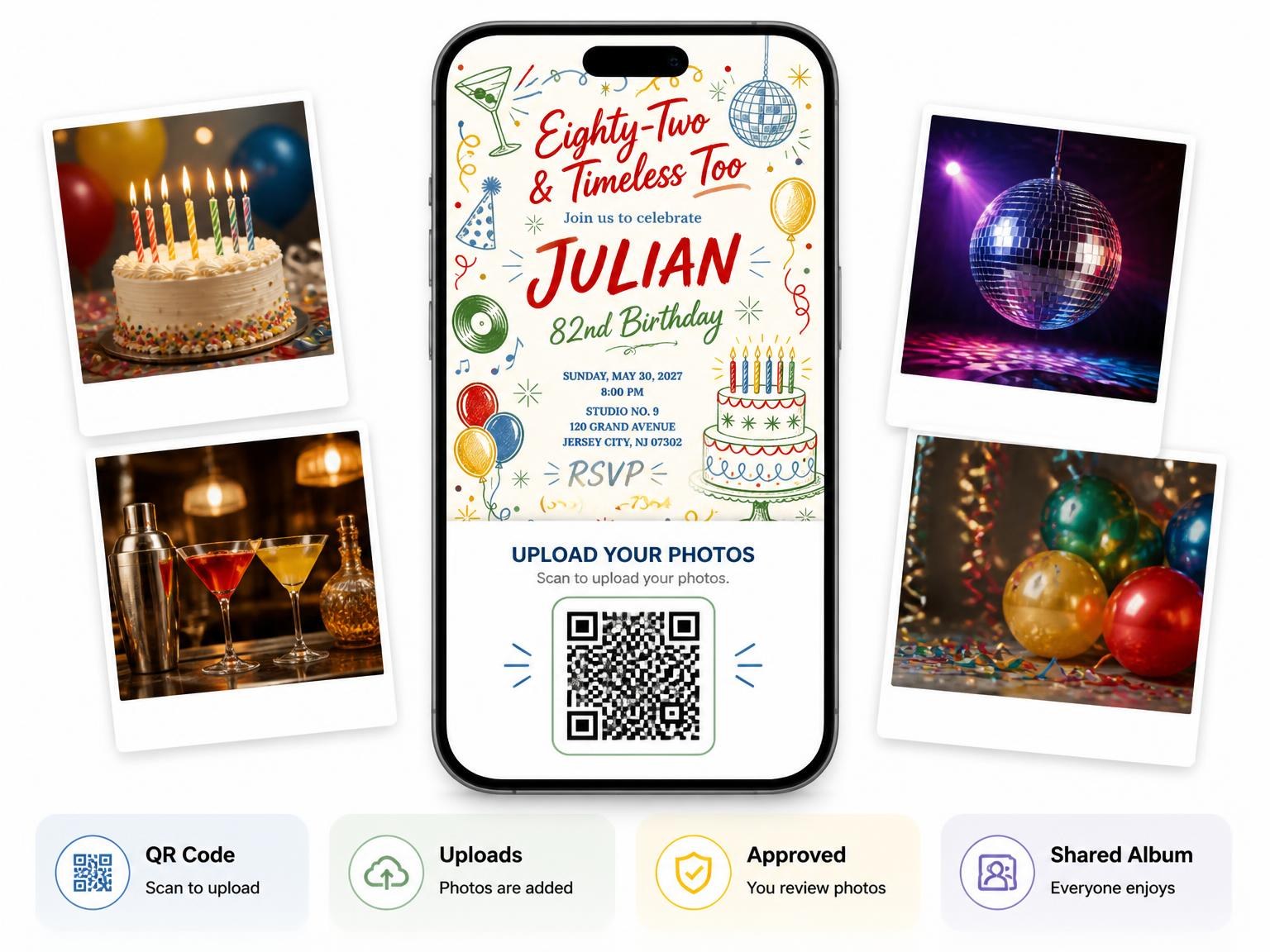 The shared photo gallery that comes with the Retro Doodle 82nd Birthday Invitation invitation