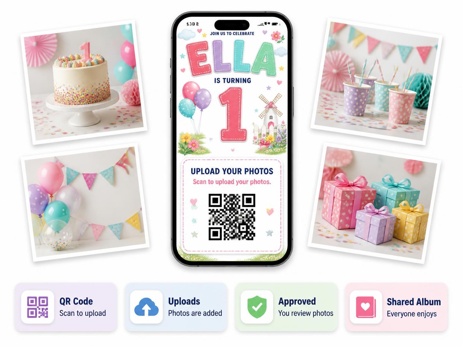 The shared photo gallery that comes with the Windmill Stitched 1st Birthday Invitation invitation