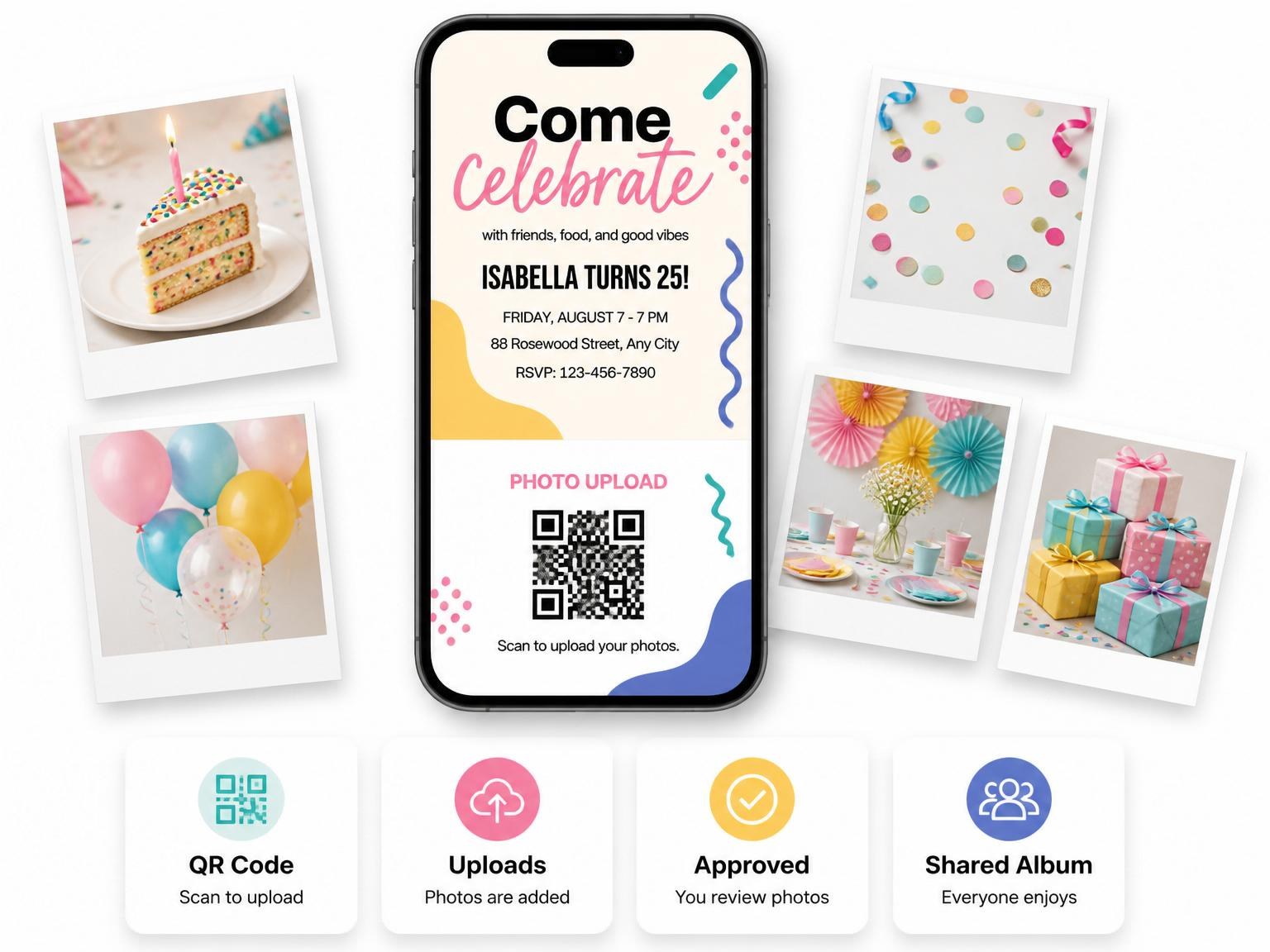 The shared photo gallery that comes with the Memphis Geometric 25th Birthday Party invitation