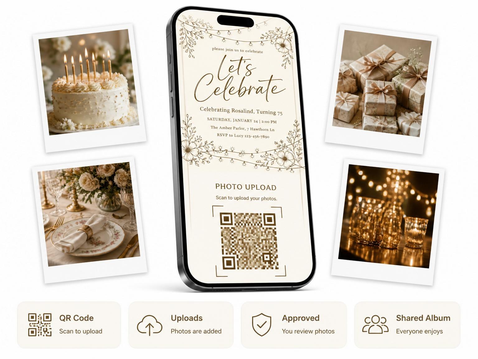 The shared photo gallery that comes with the Cream Botanical String Light Invitation invitation