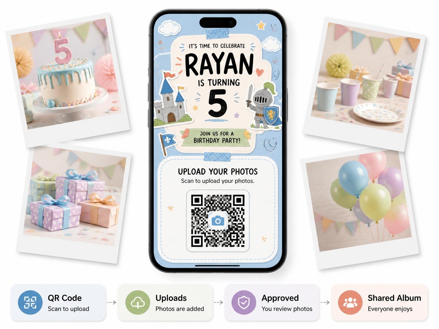 The shared photo gallery that comes with the Castle Cutout Pastel 5th Birthday Invitation invitation