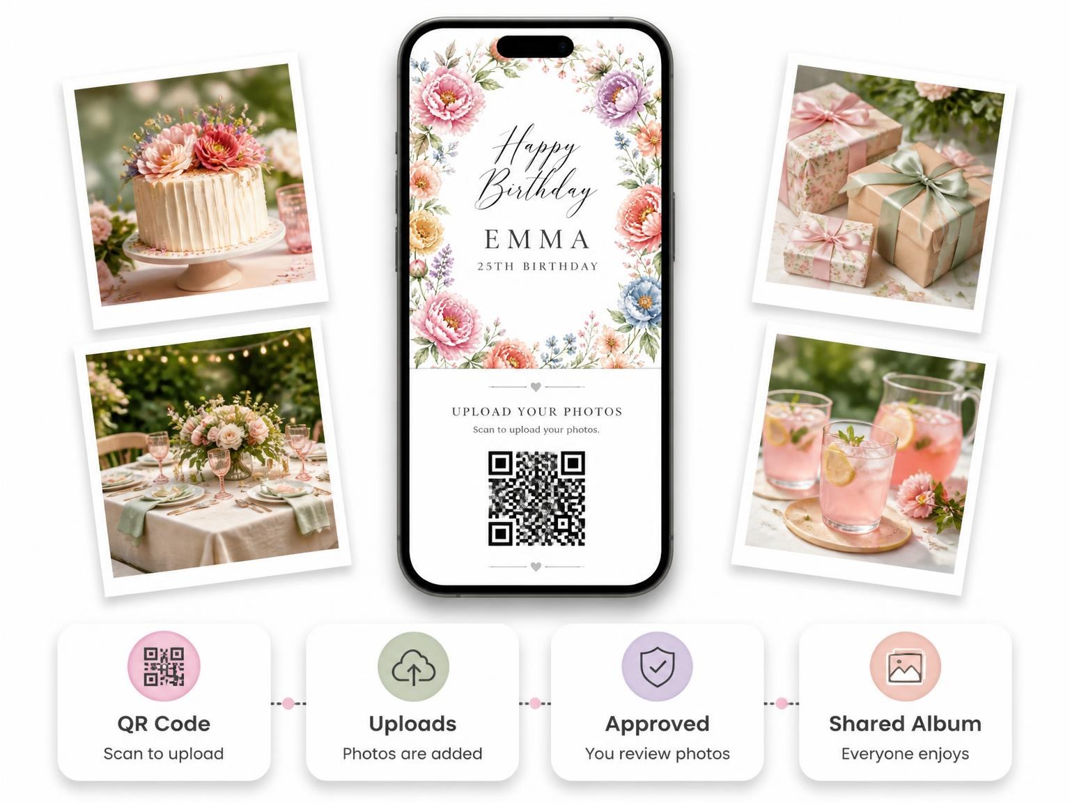 The shared photo gallery that comes with the Peony Floral Wreath 25th Birthday Invitation invitation