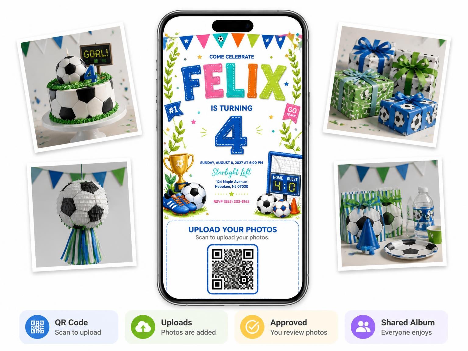 The shared photo gallery that comes with the Stitched Soccer 4th Birthday Invitation invitation