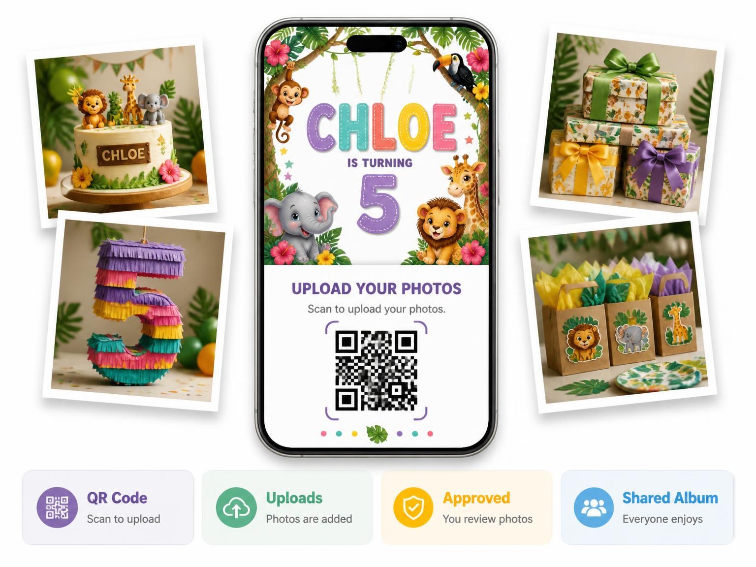 The shared photo gallery that comes with the Stitched Safari 5th Birthday Invitation invitation