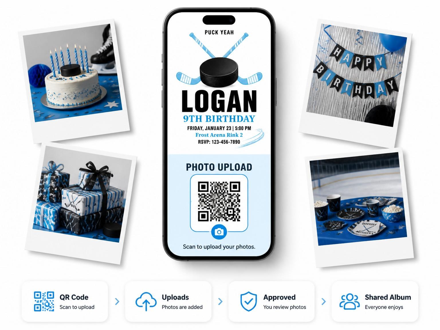 The shared photo gallery that comes with the Crossed Hockey Sticks 9th Birthday Party invitation