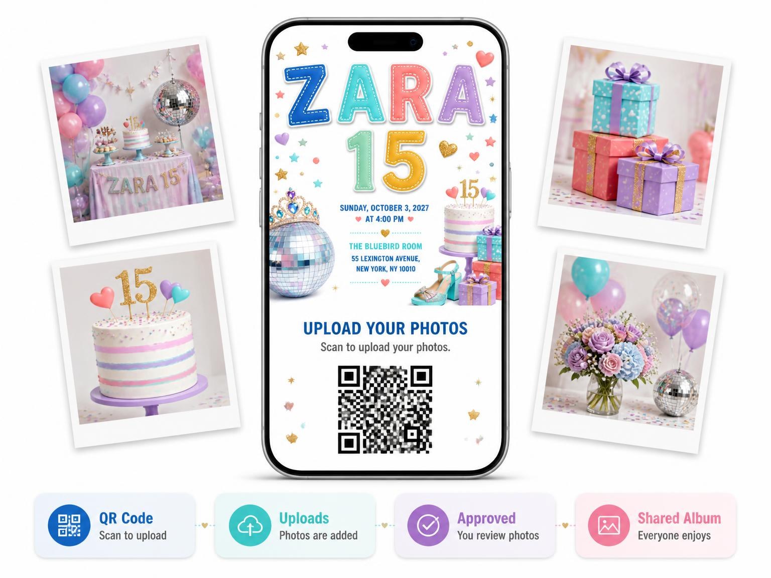 The shared photo gallery that comes with the Disco Ball 15th Birthday Party Invitation invitation
