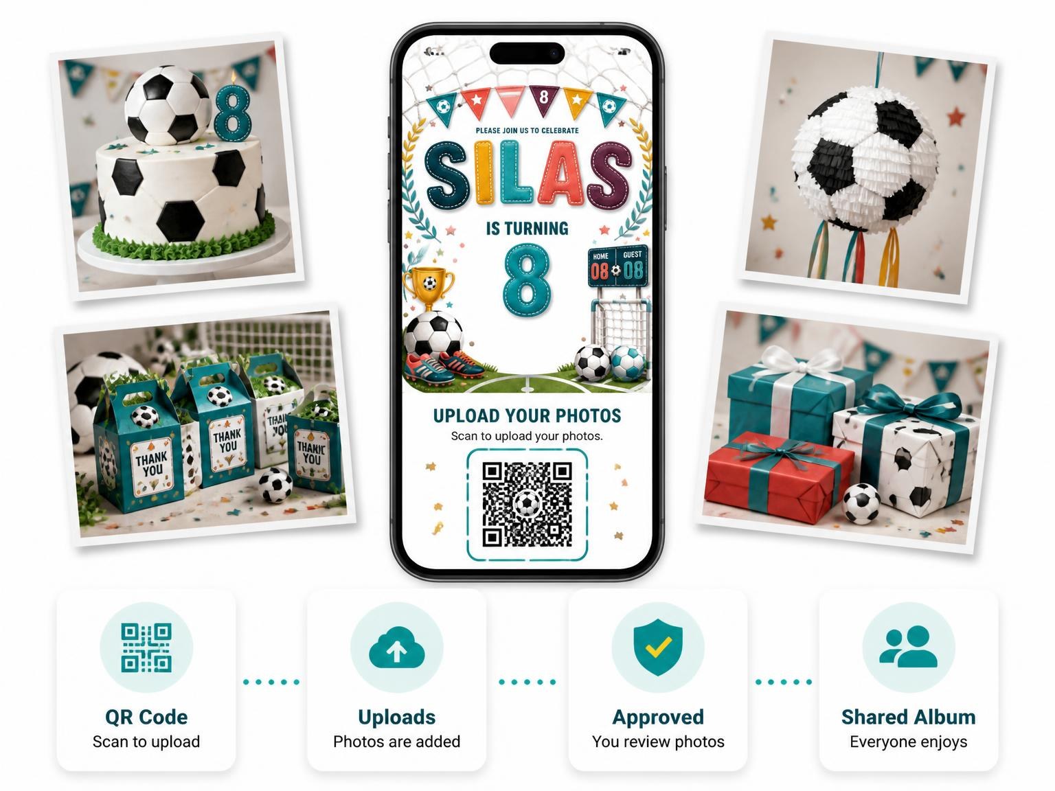 The shared photo gallery that comes with the Stitched Soccer 8th Birthday Invitation invitation