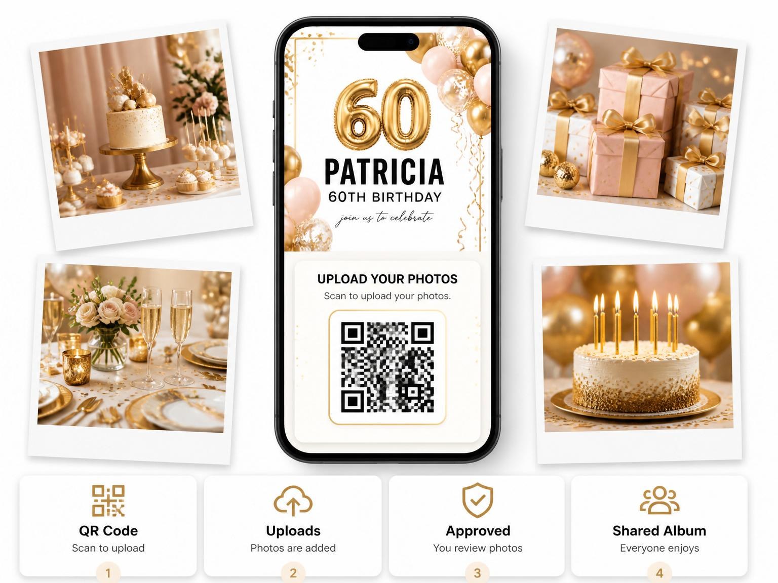 The shared photo gallery that comes with the Gold Balloon 60th Birthday Invite invitation