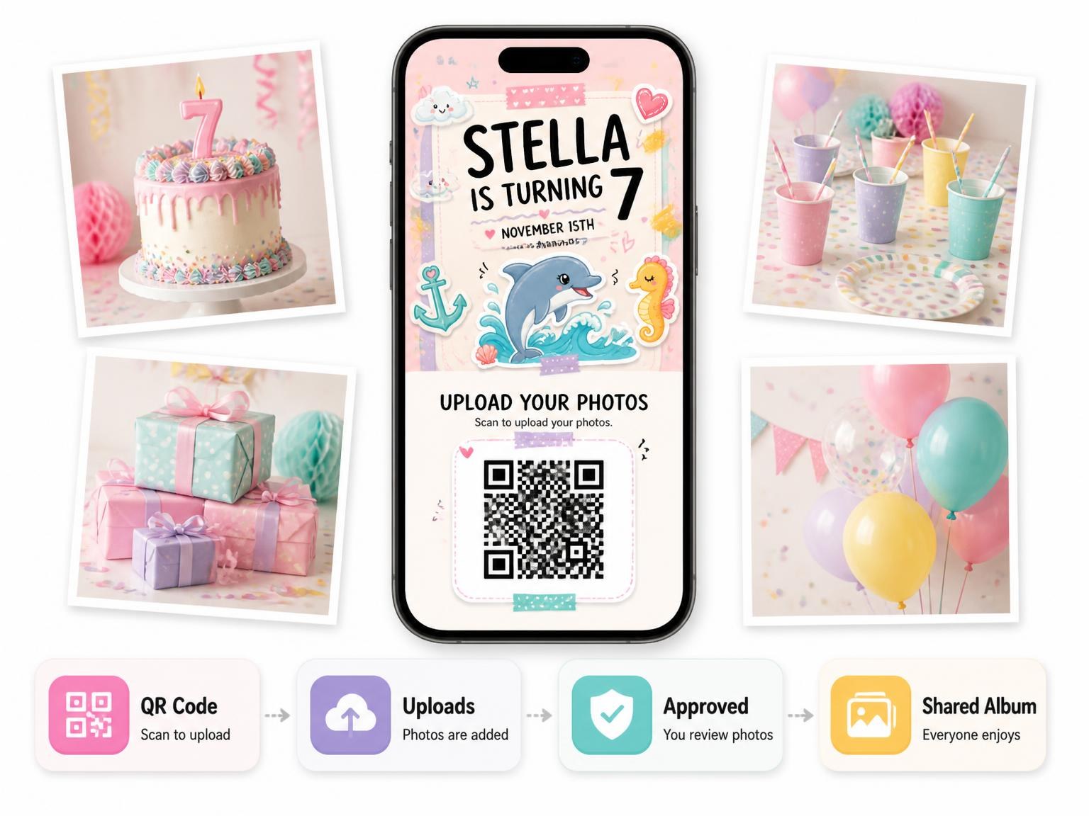 The shared photo gallery that comes with the Dolphin Pastel 7th Birthday Invitation invitation