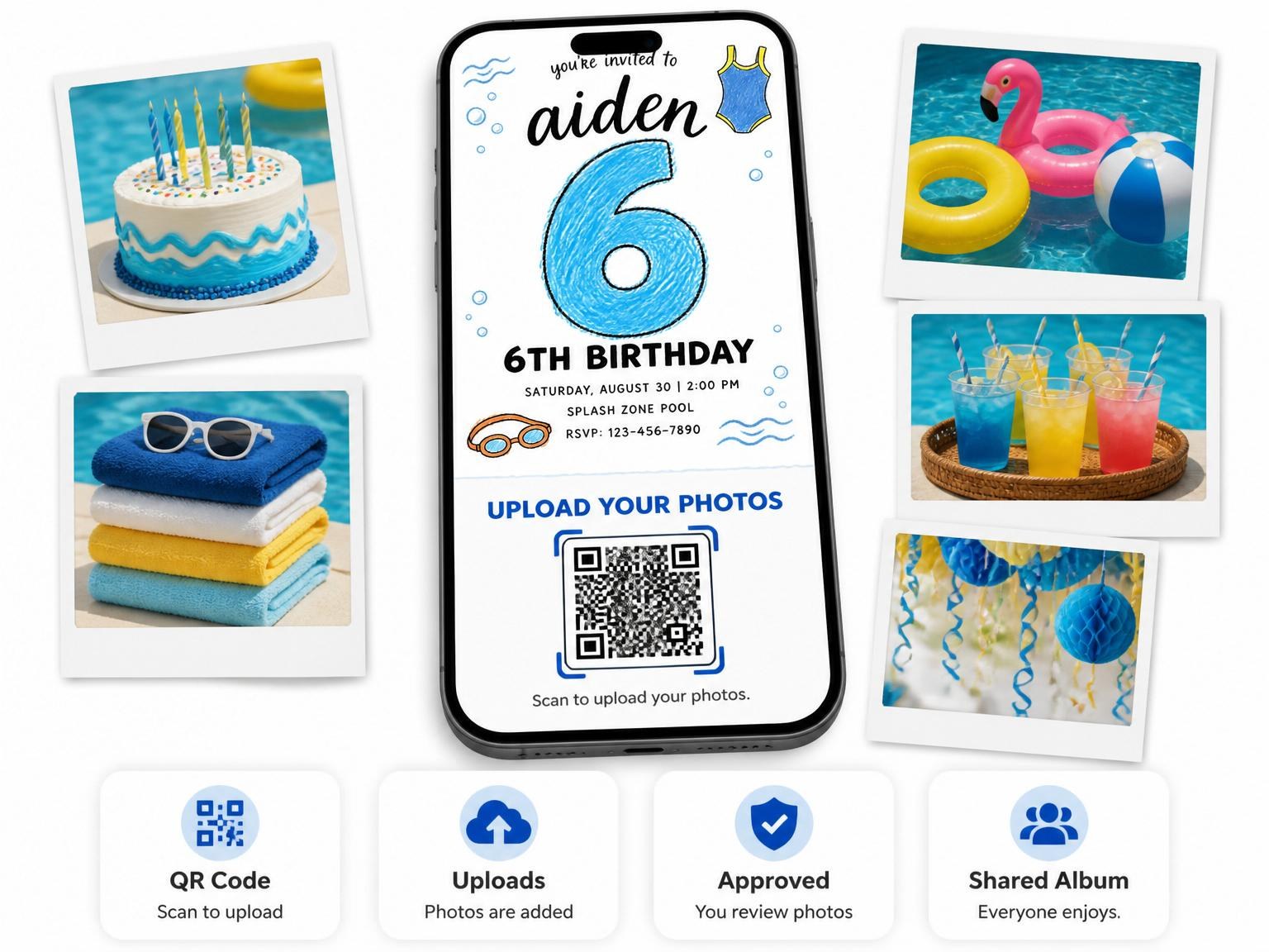 The shared photo gallery that comes with the Crayon Blue Swim 6th Birthday Invitation invitation