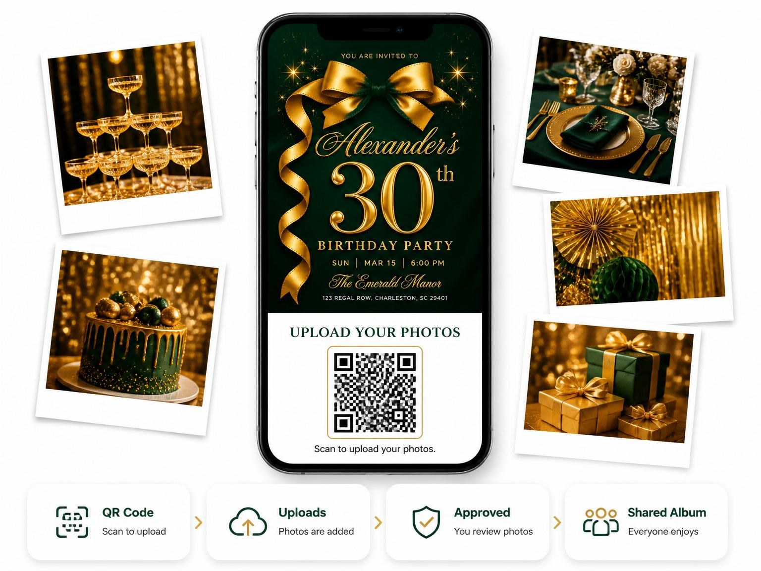 The shared photo gallery that comes with the Emerald Silk Gold Ribbon 30th Birthday invitation