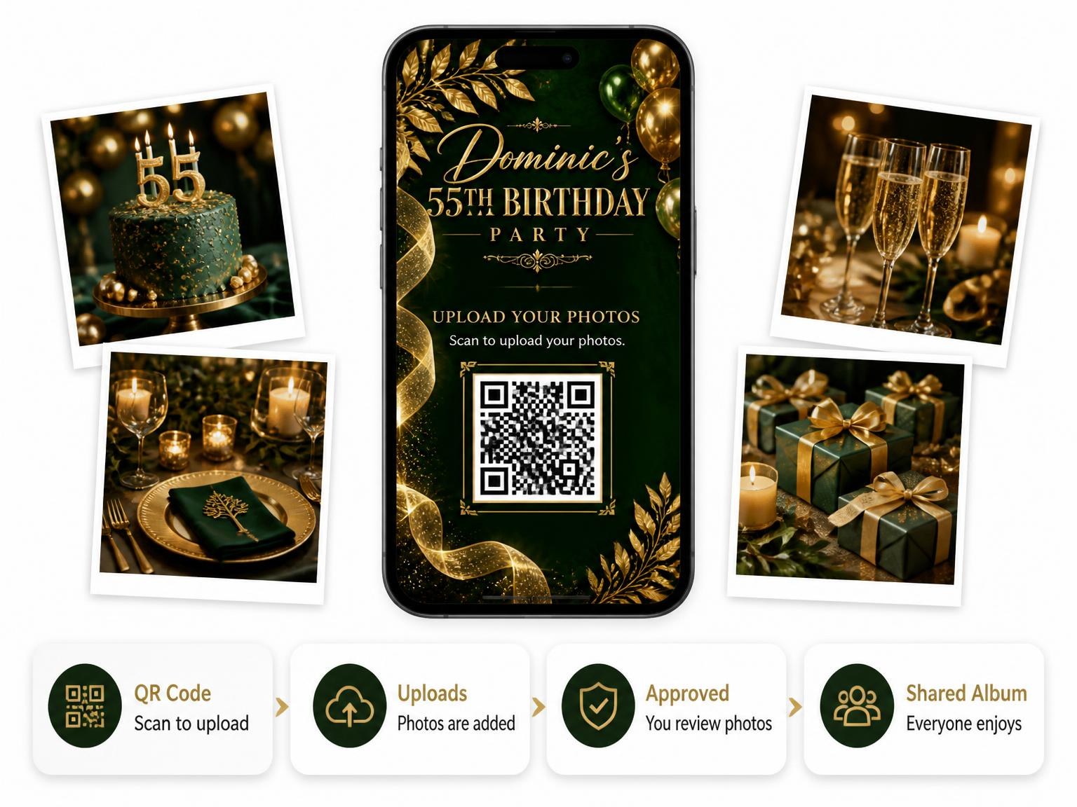 The shared photo gallery that comes with the Emerald and Champagne 55th Birthday Invitation invitation