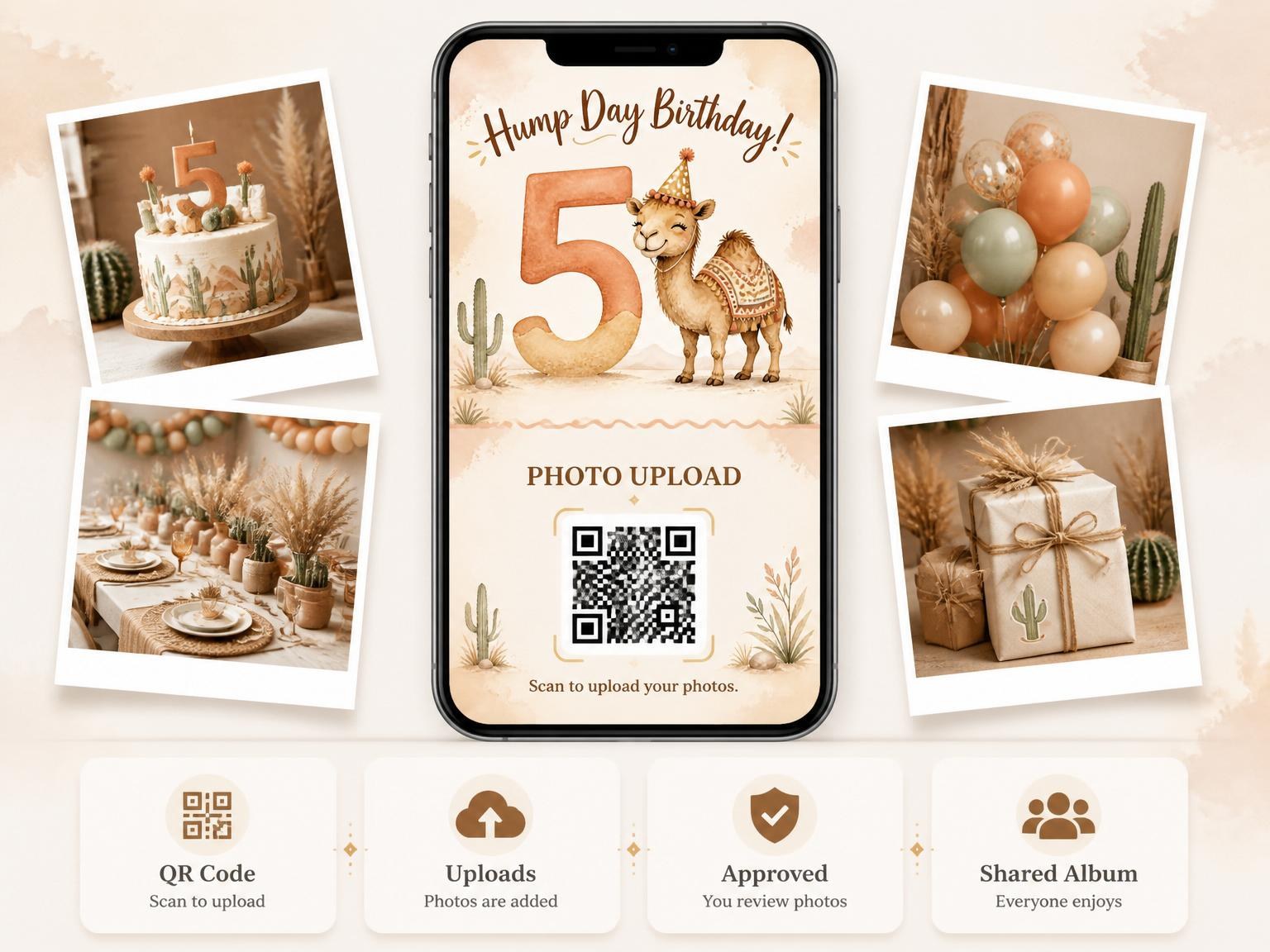The shared photo gallery that comes with the Watercolor Camel Desert 5th Birthday invitation