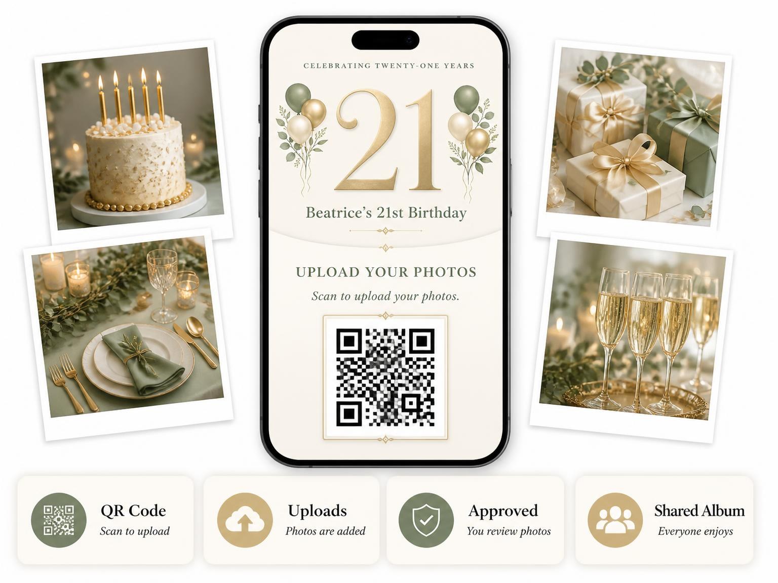 The shared photo gallery that comes with the Sage and Ivory 21st Birthday Invitation invitation