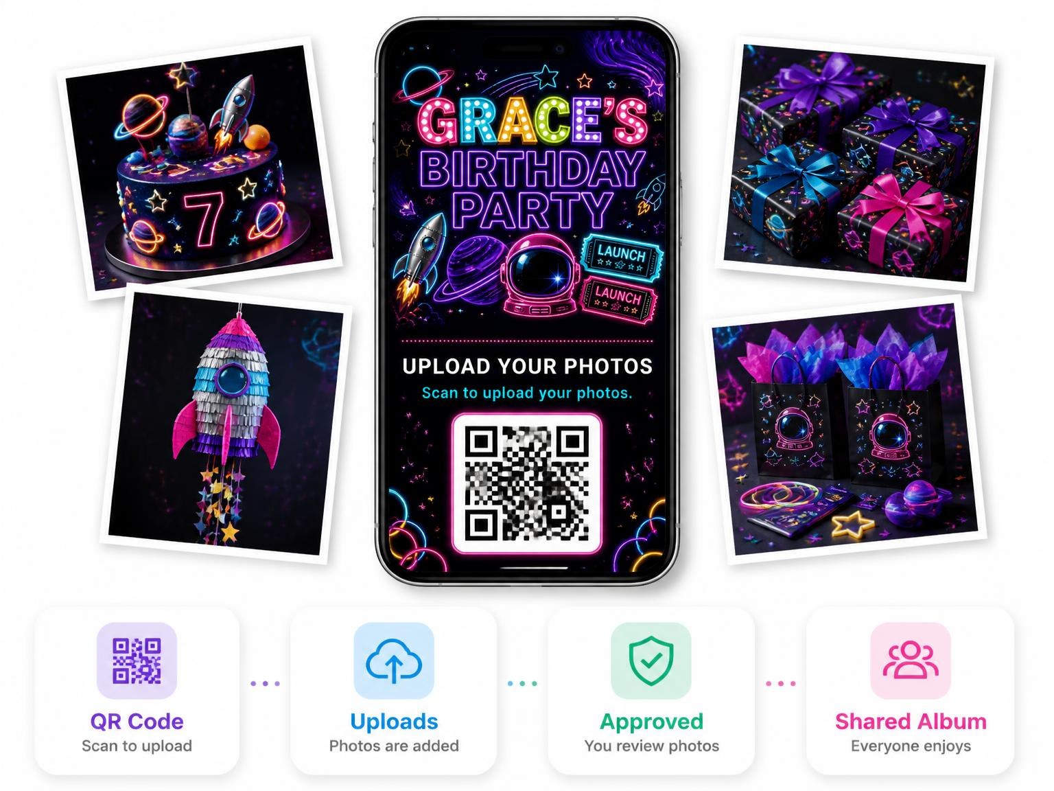 The shared photo gallery that comes with the Neon Space 7th Birthday Invitation invitation