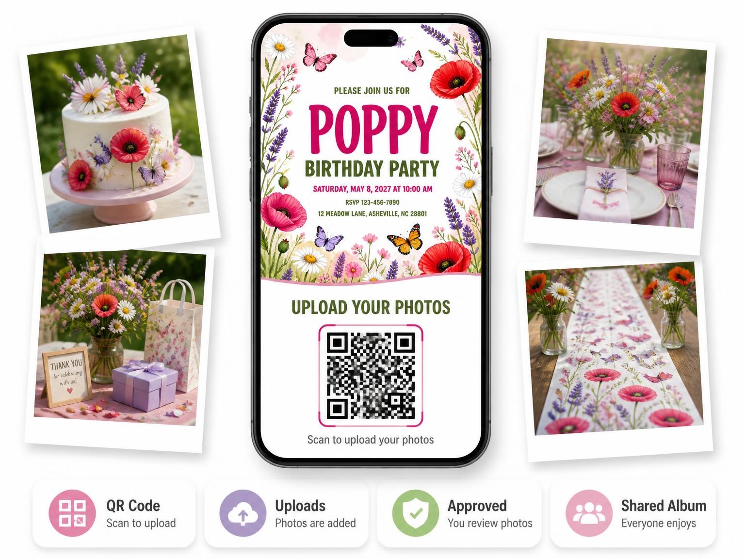 The shared photo gallery that comes with the Red Poppy Butterfly Birthday invitation