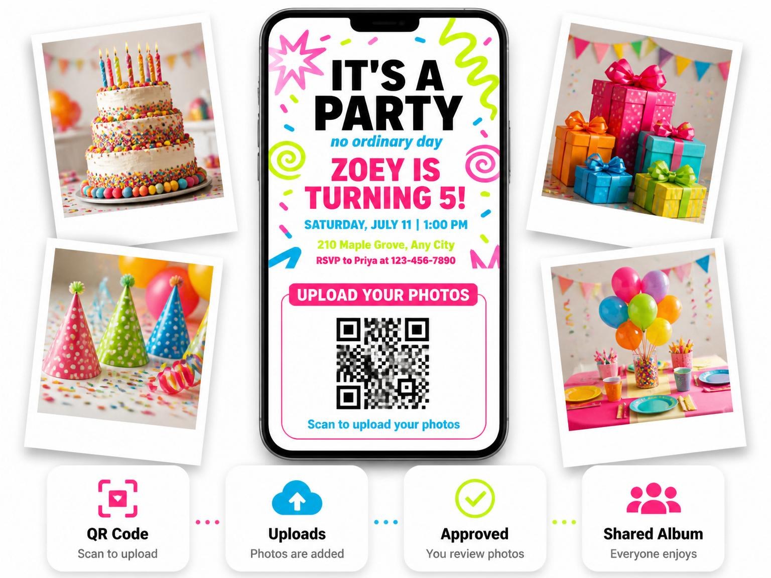 The shared photo gallery that comes with the Neon Scribble Graphic Kids Birthday invitation