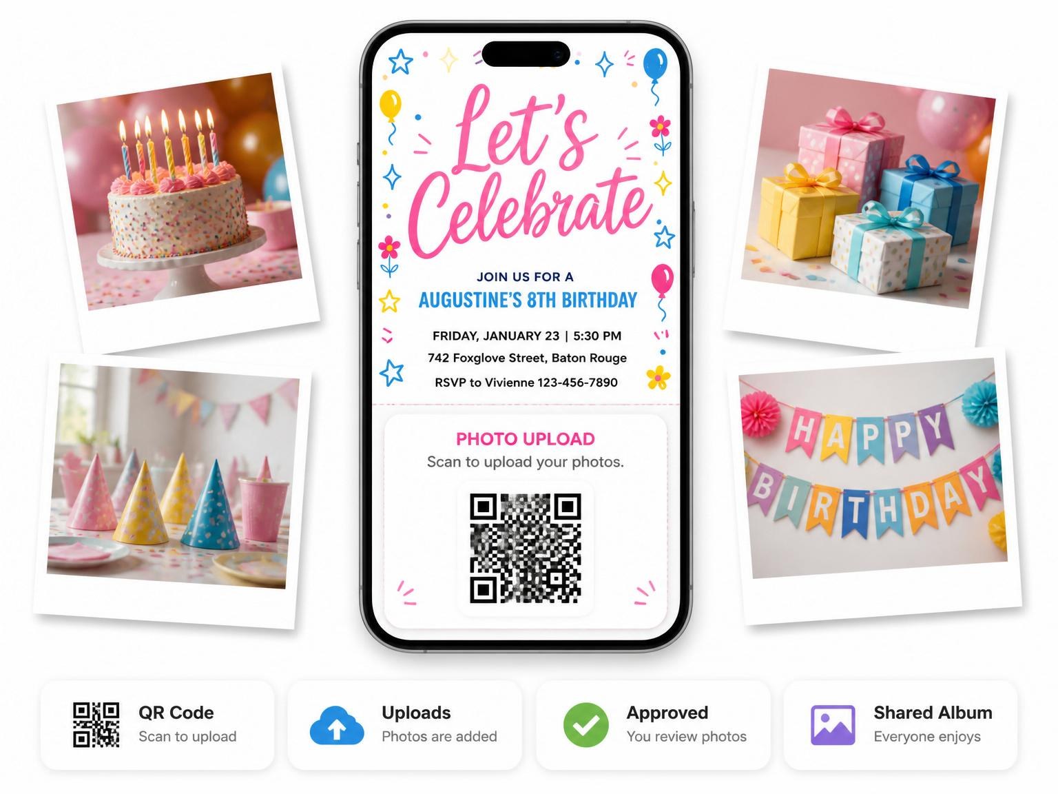 The shared photo gallery that comes with the Pink Blue Yellow Balloon 8th Birthday invitation