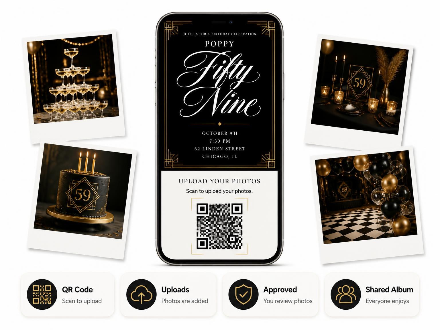 The shared photo gallery that comes with the Art Deco 59th Birthday Invitation invitation