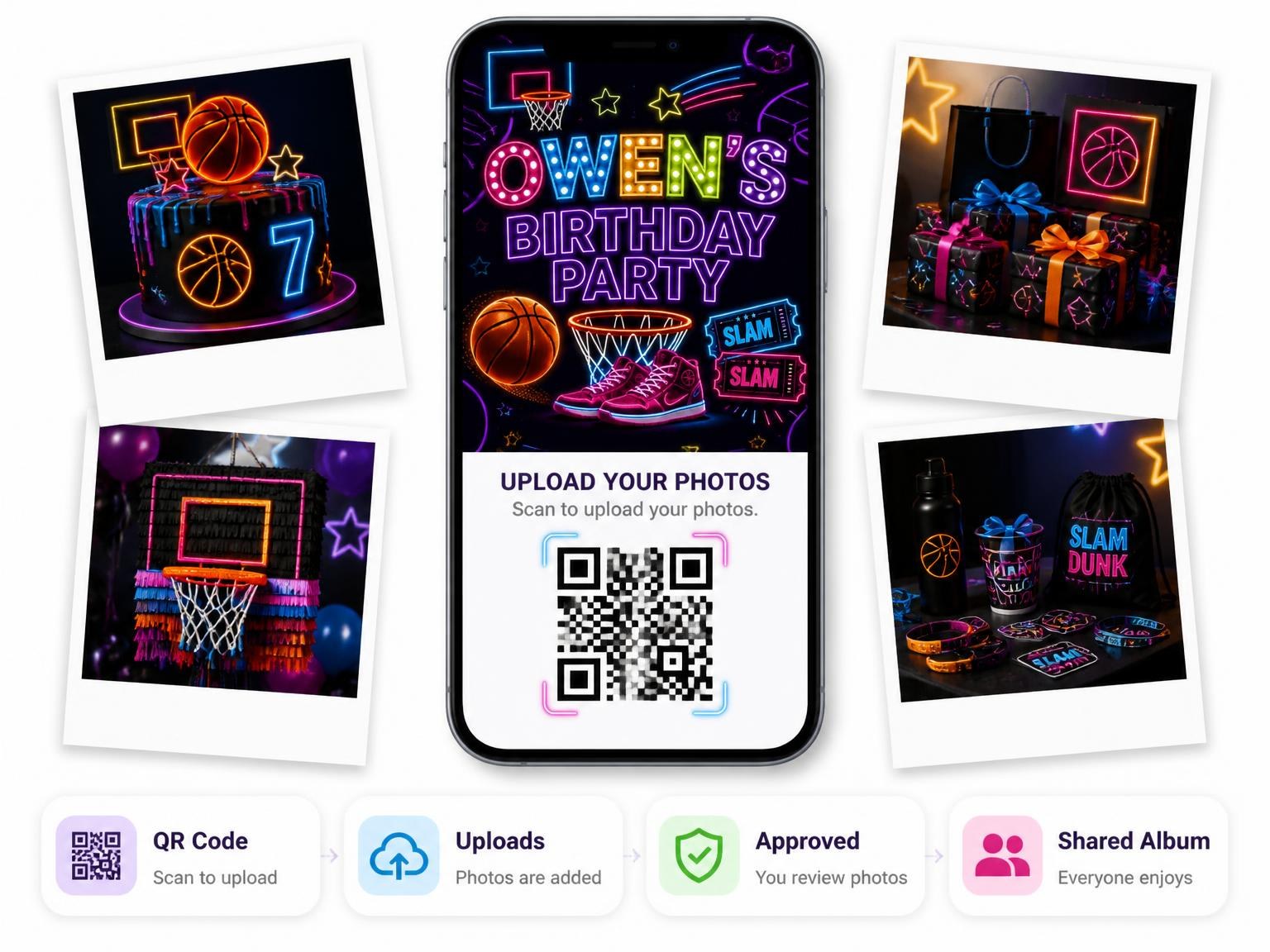 The shared photo gallery that comes with the Neon Basketball 7th Birthday Invitation invitation